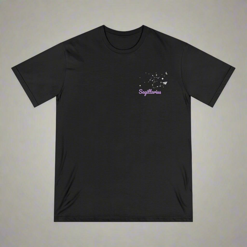 Black t-shirt with 'Sagittarius' design on a white background