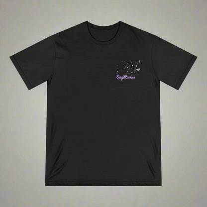 Black t-shirt with 'Sagittarius' design on a white background