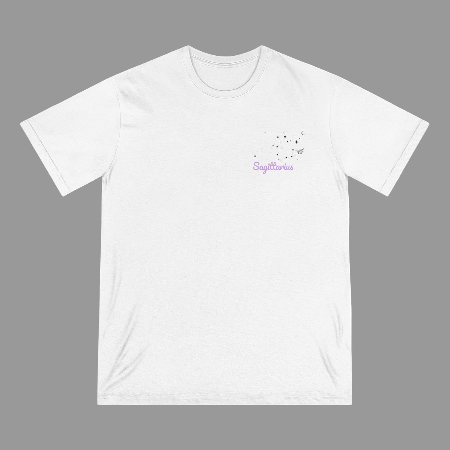 White t-shirt with 'Sagittarius' text and zodiac symbol on a white background