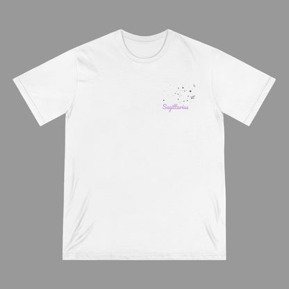White t-shirt with 'Sagittarius' text and zodiac symbol on a white background