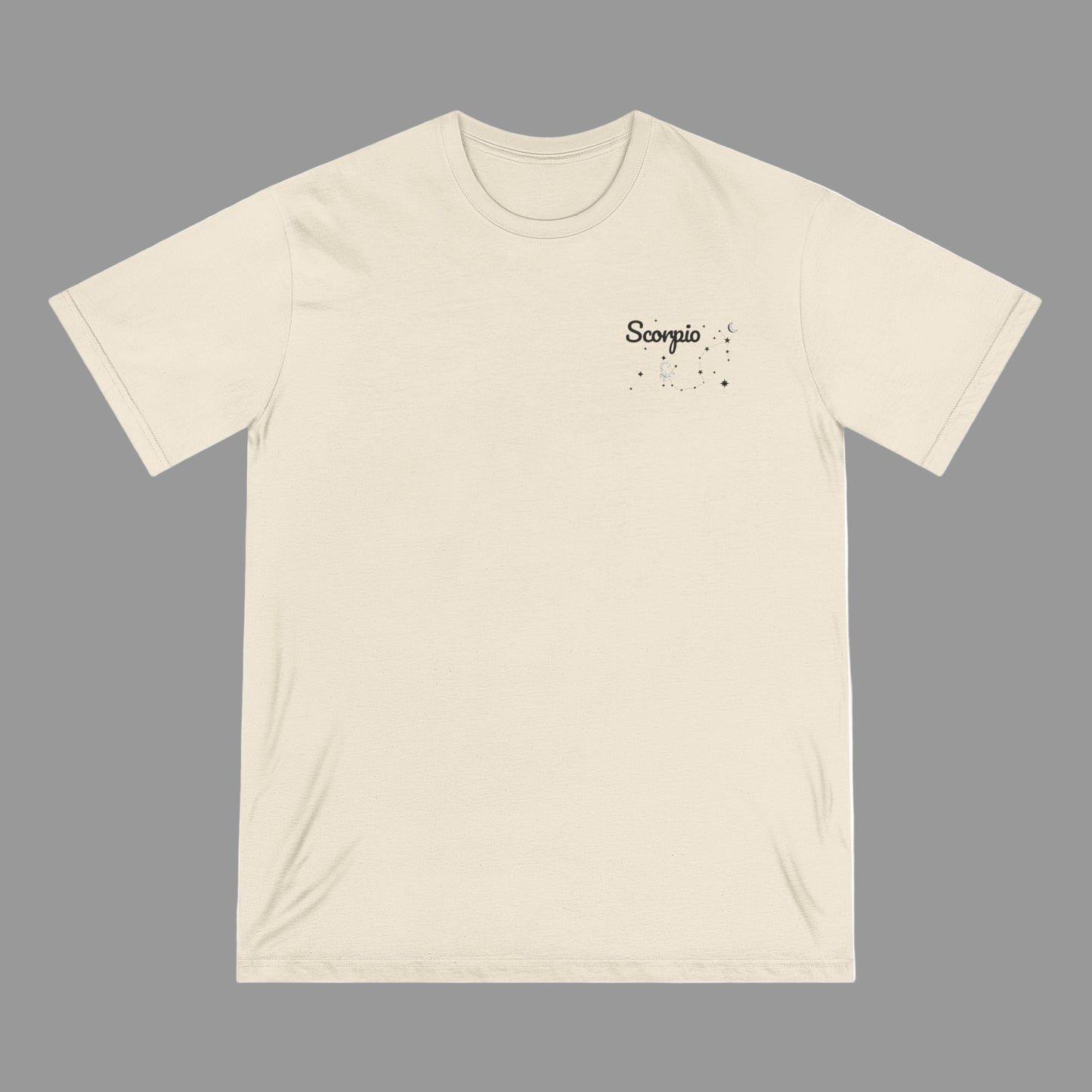 Beige t-shirt with 'Scorpio' text on a white background