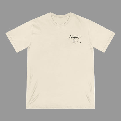 Beige t-shirt with 'Scorpio' text on a white background