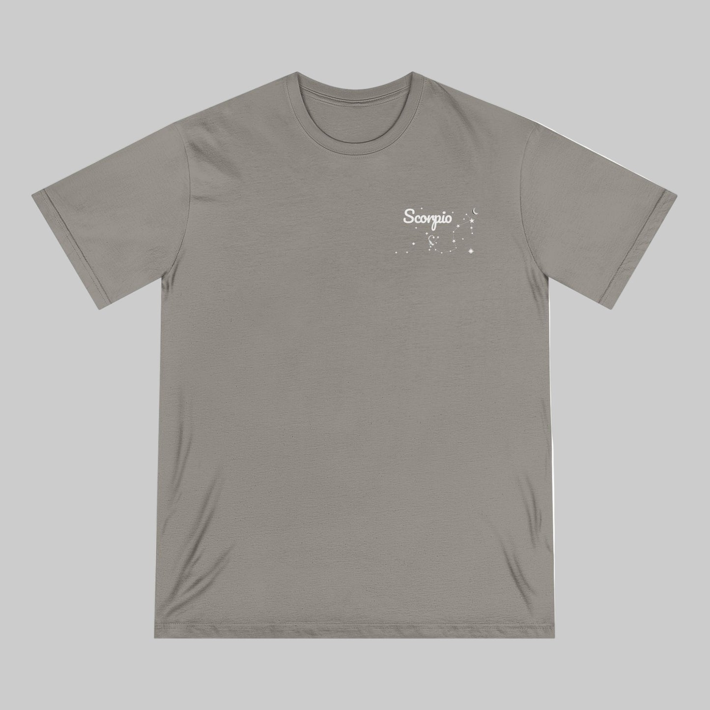 Gray t-shirt with 'Scorpio' design on a white background