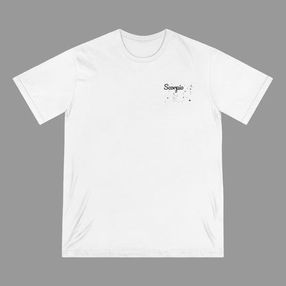 White t-shirt with 'Scorpio' text on a white background