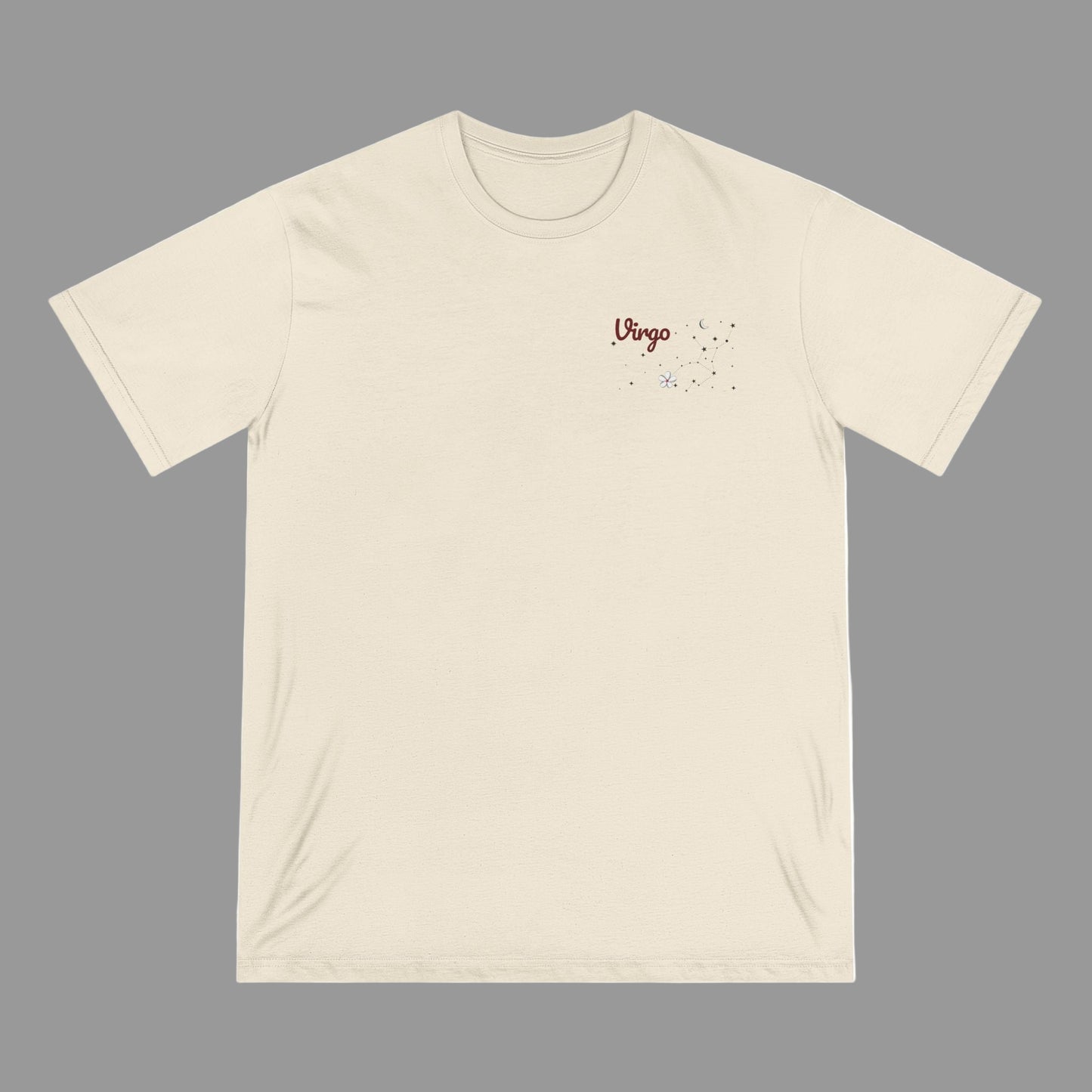 Beige t-shirt with 'Virgo' text on a white background