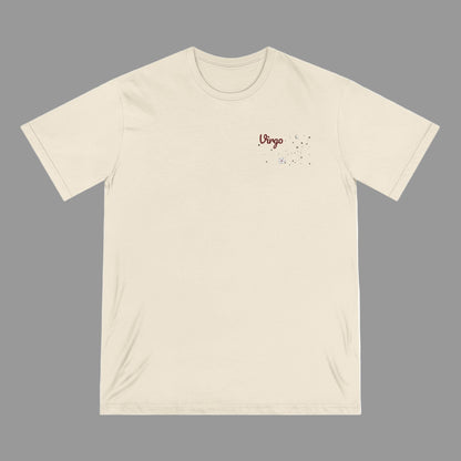 Beige t-shirt with 'Virgo' text on a white background