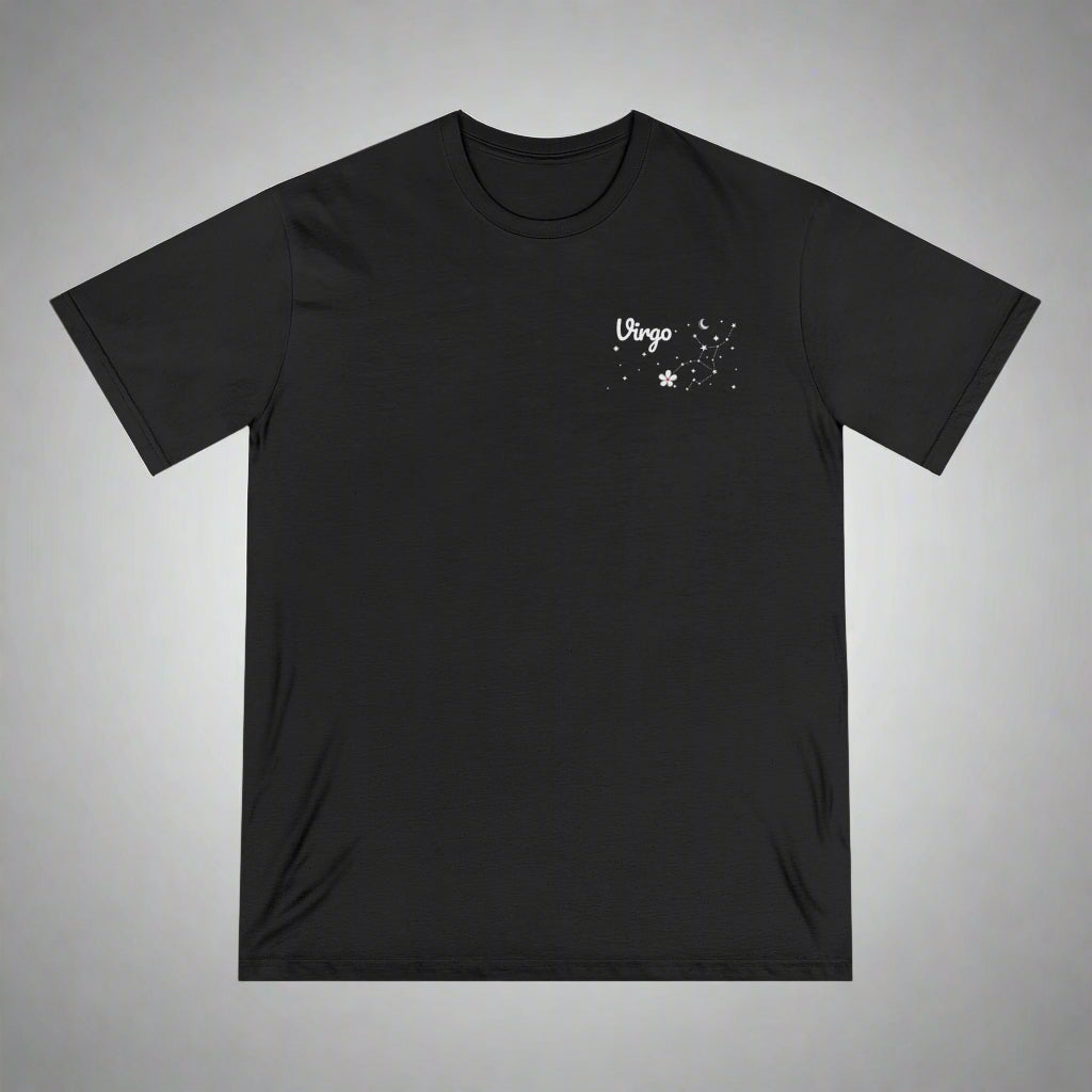 Black t-shirt with 'Virgo' and a star sign design on a white background