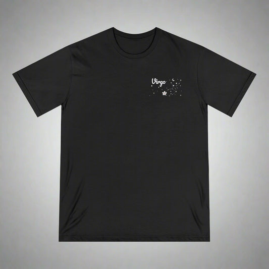 Black t-shirt with 'Virgo' and a star sign design on a white background