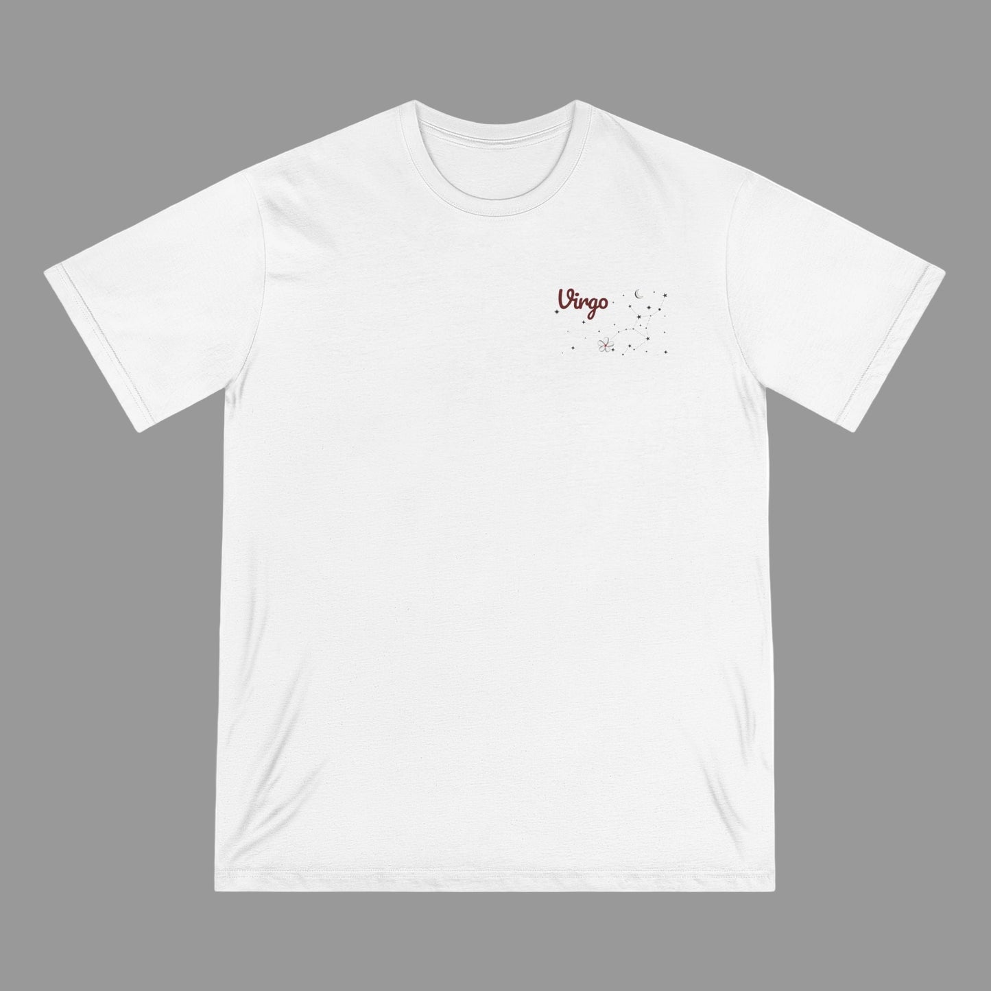 White t-shirt with 'Virgo' printed on a white background
