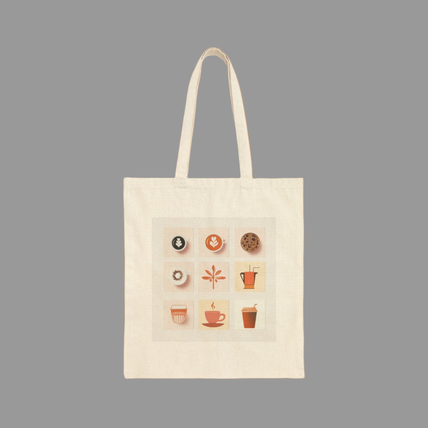 Beige tote bag with food-themed icons on a white background