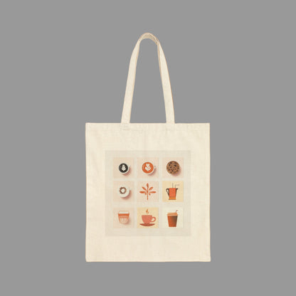 Beige tote bag with food-themed icons on a white background