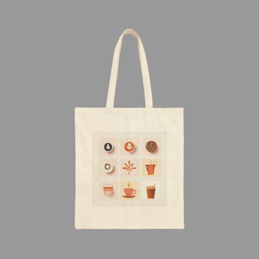 Beige tote bag with food-themed icons on a white background