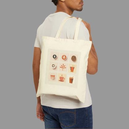 Man wearing a white tote bag with coffee-themed graphics on a white background