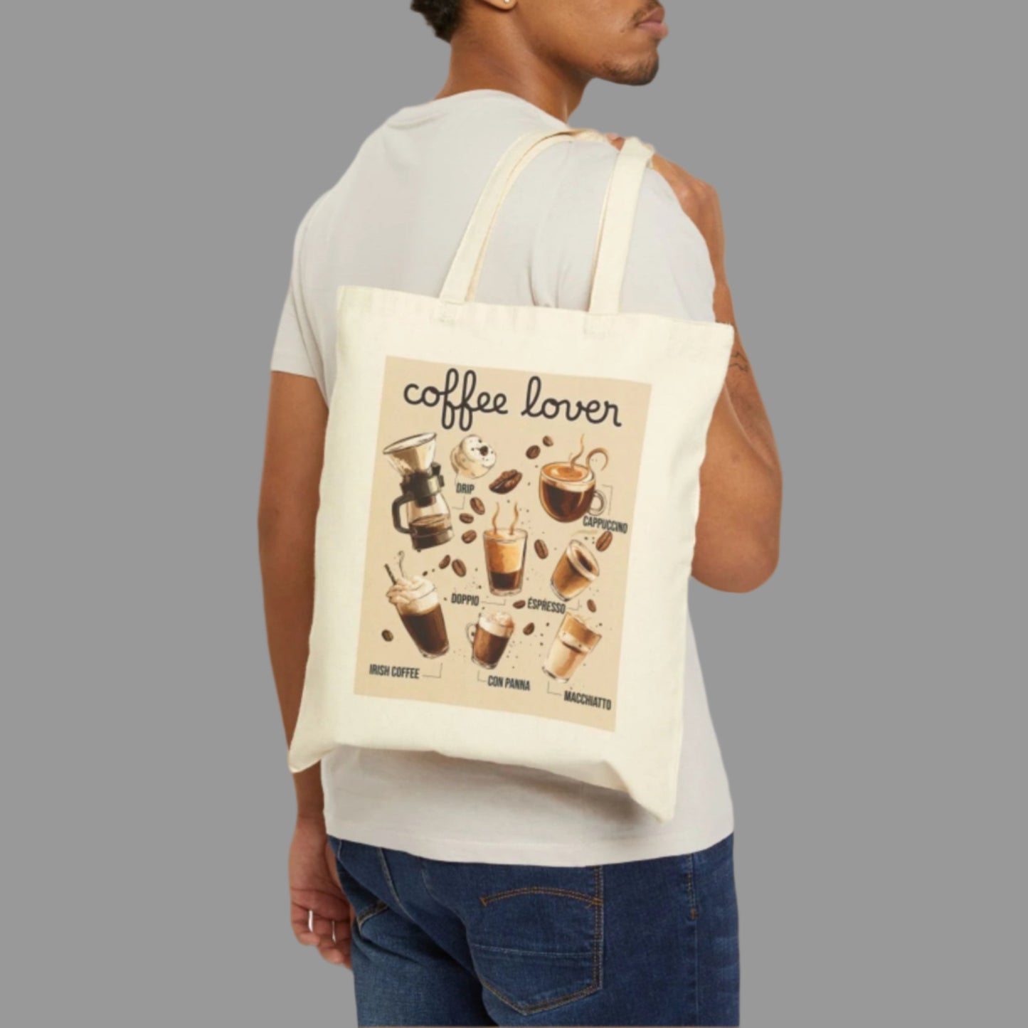 Man carrying a tote bag with a coffee-themed design on a white background
