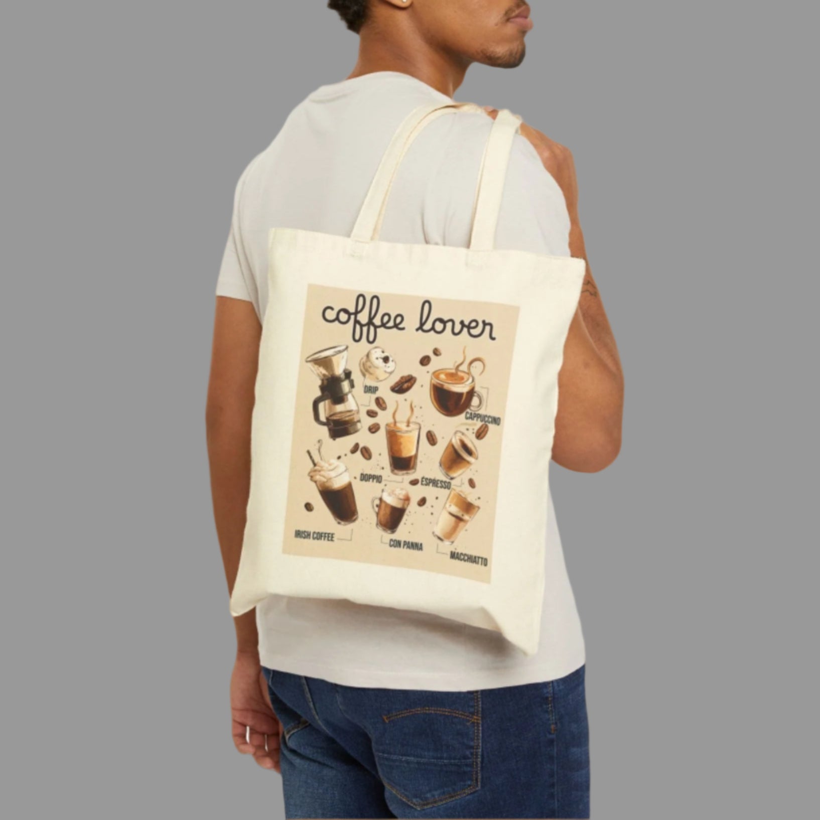 Man carrying a tote bag with a coffee-themed design on a white background