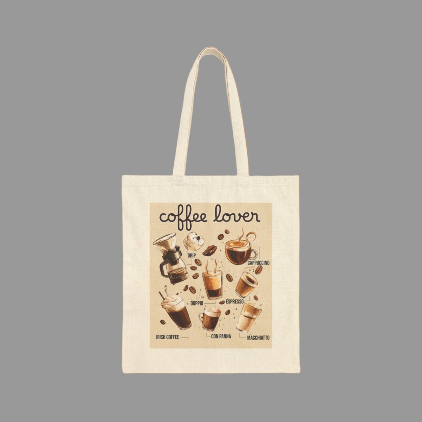 Tote bag with coffee-themed design and 'coffee lover' text on a beige background