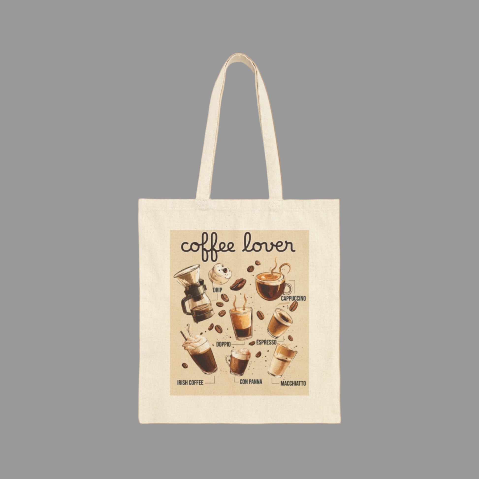 Tote bag with coffee-themed design and 'coffee lover' text on a beige background
