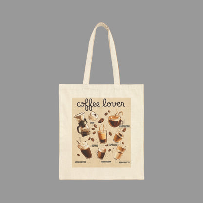 Tote bag with coffee-themed design and 'coffee lover' text on a beige background