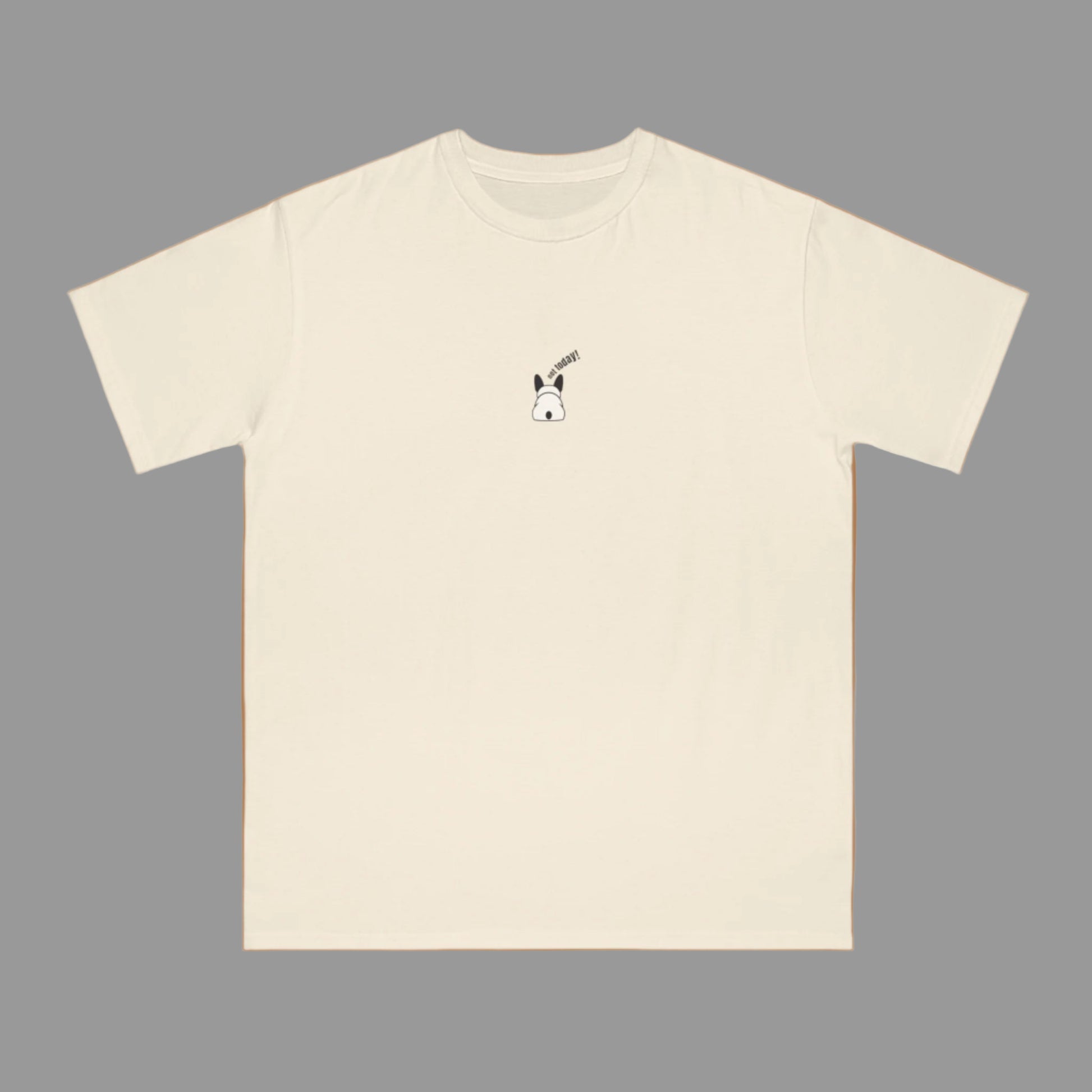 Beige t-shirt with a small graphic on a white background