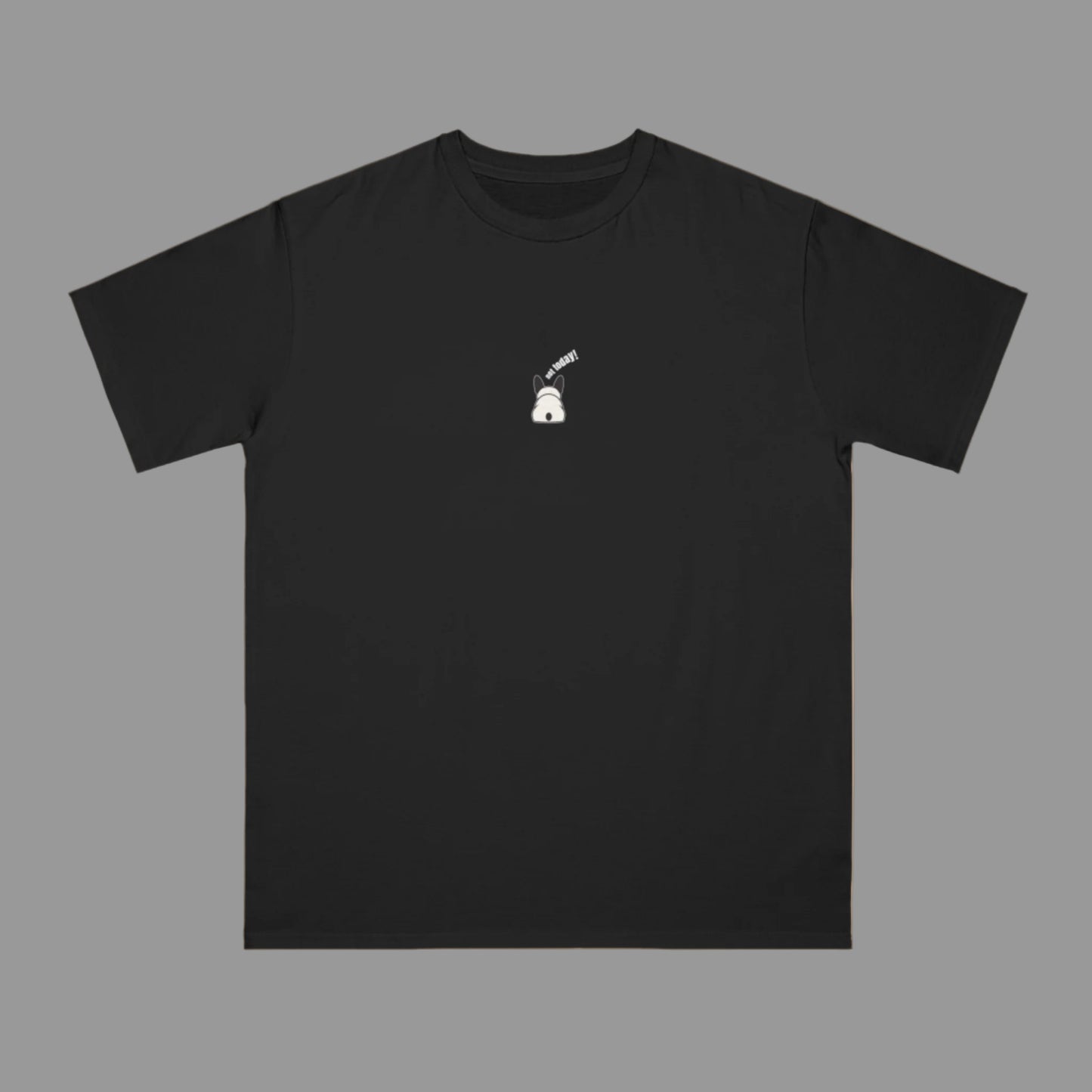 Black t-shirt with a small white logo on a white background