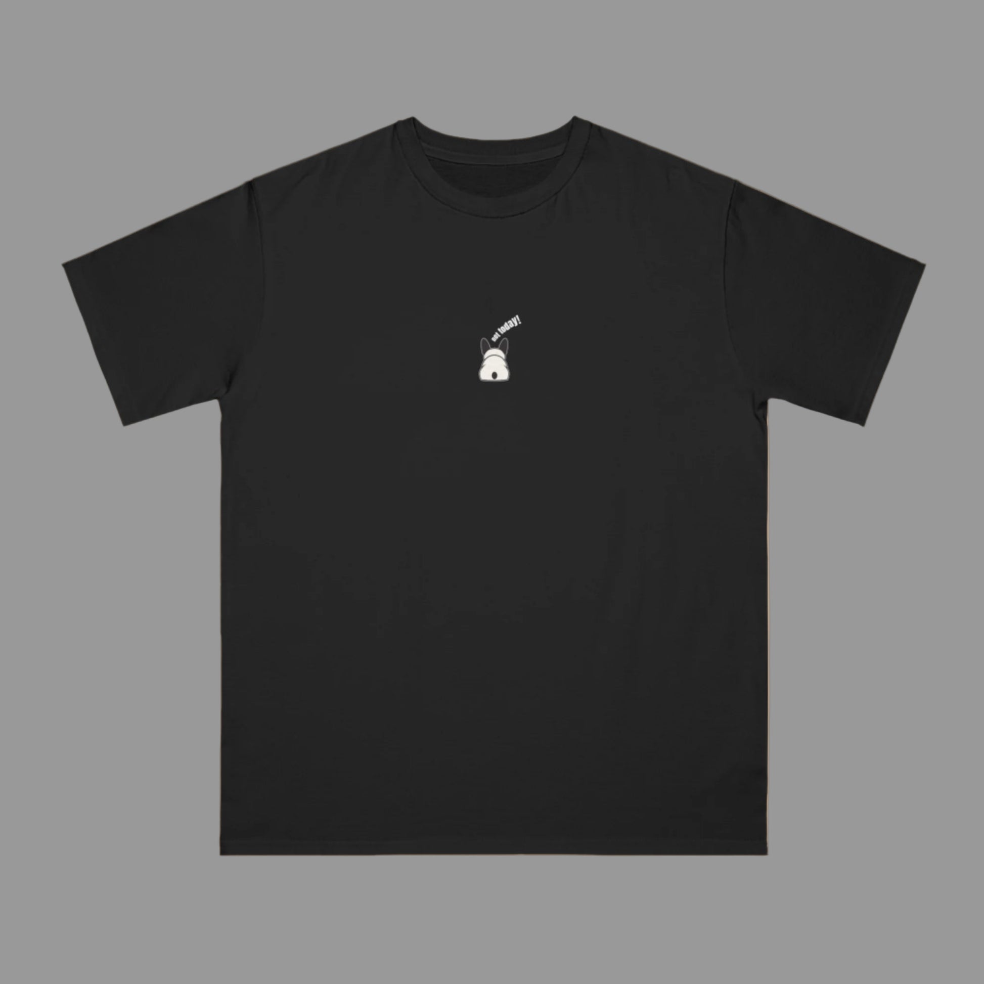 Black t-shirt with a small white logo on a white background