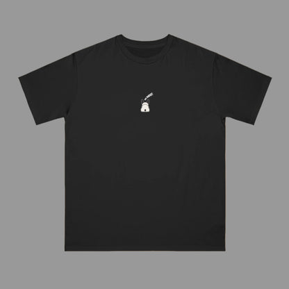 Black t-shirt with a small white logo on a white background