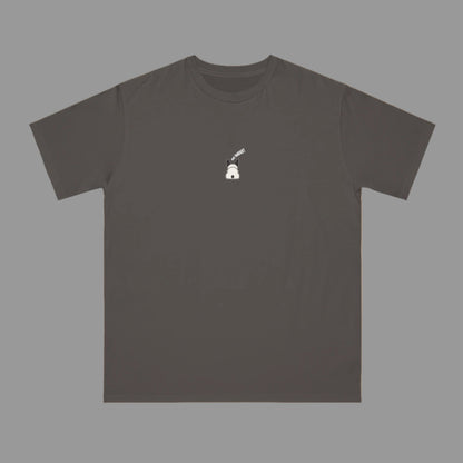 Dark gray t-shirt with a small white logo on a white background
