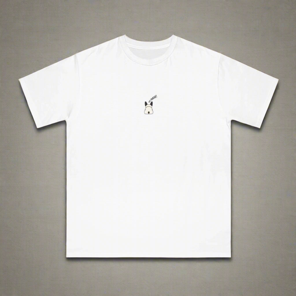 White t-shirt with a small black and white graphic on a white background