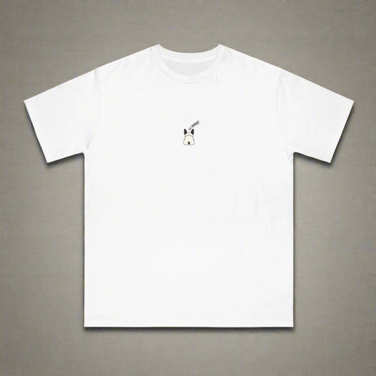 White t-shirt with a small black and white graphic on a white background