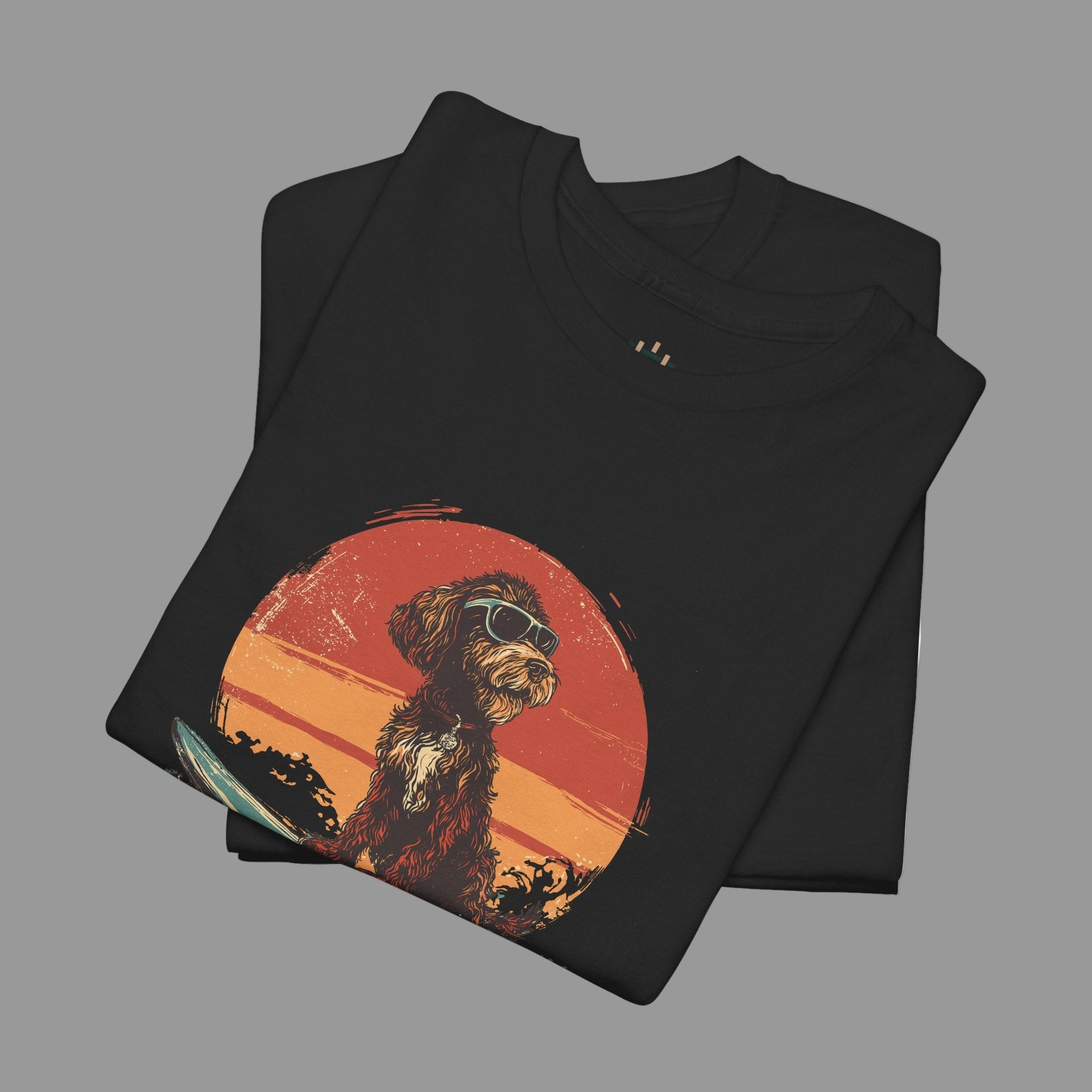 Black t-shirt with a dog graphic on a white background