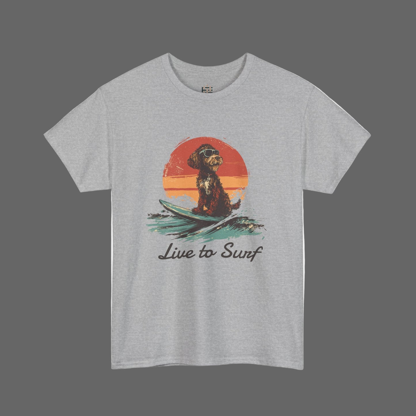 Gray t-shirt with a graphic of a dog on a surfboard and 'Live to Surf' text, on a white background.