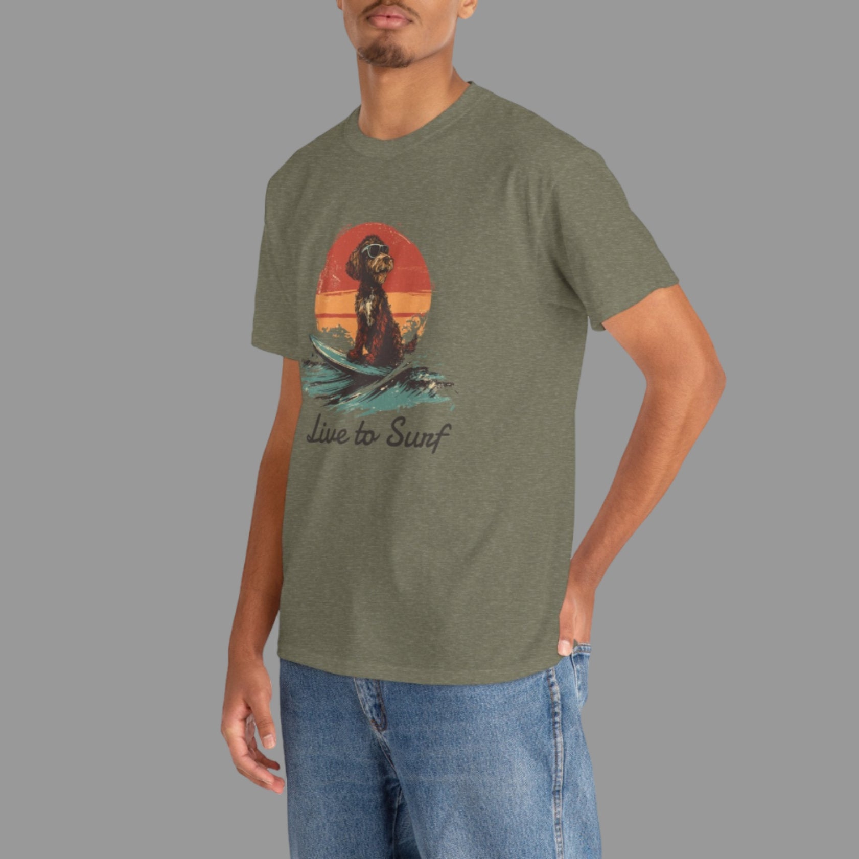 Person wearing a green t-shirt with a graphic design on a white background