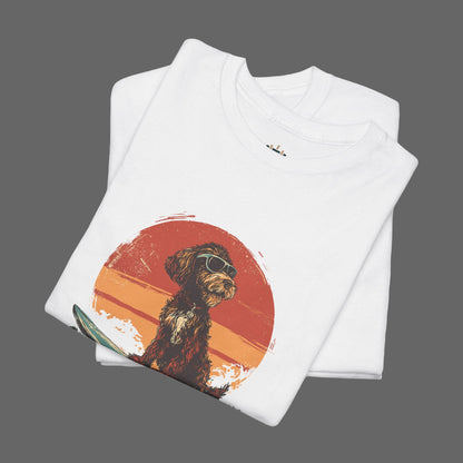 White t-shirt with a dog graphic on a white background