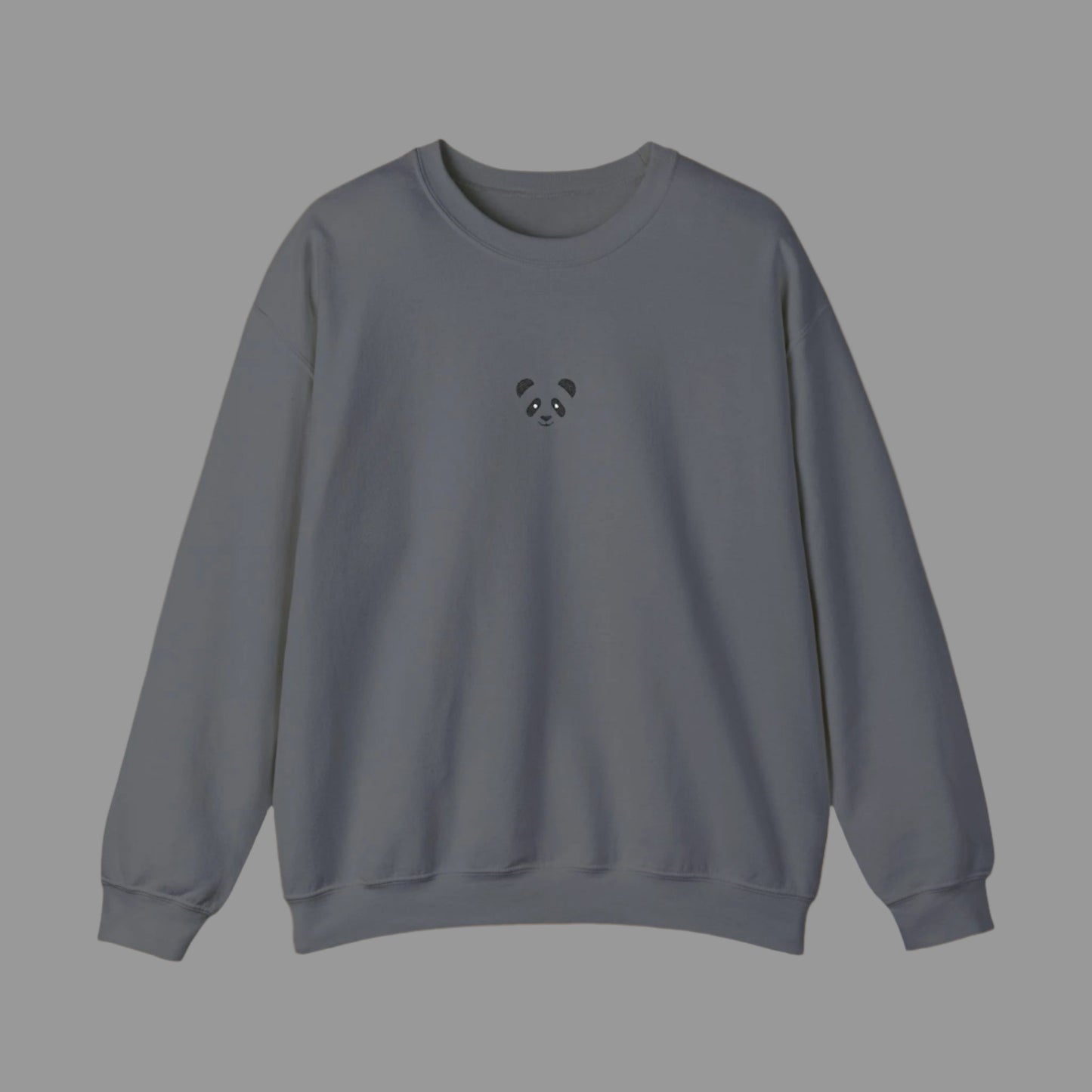 Gray sweatshirt with a small panda design on a white background