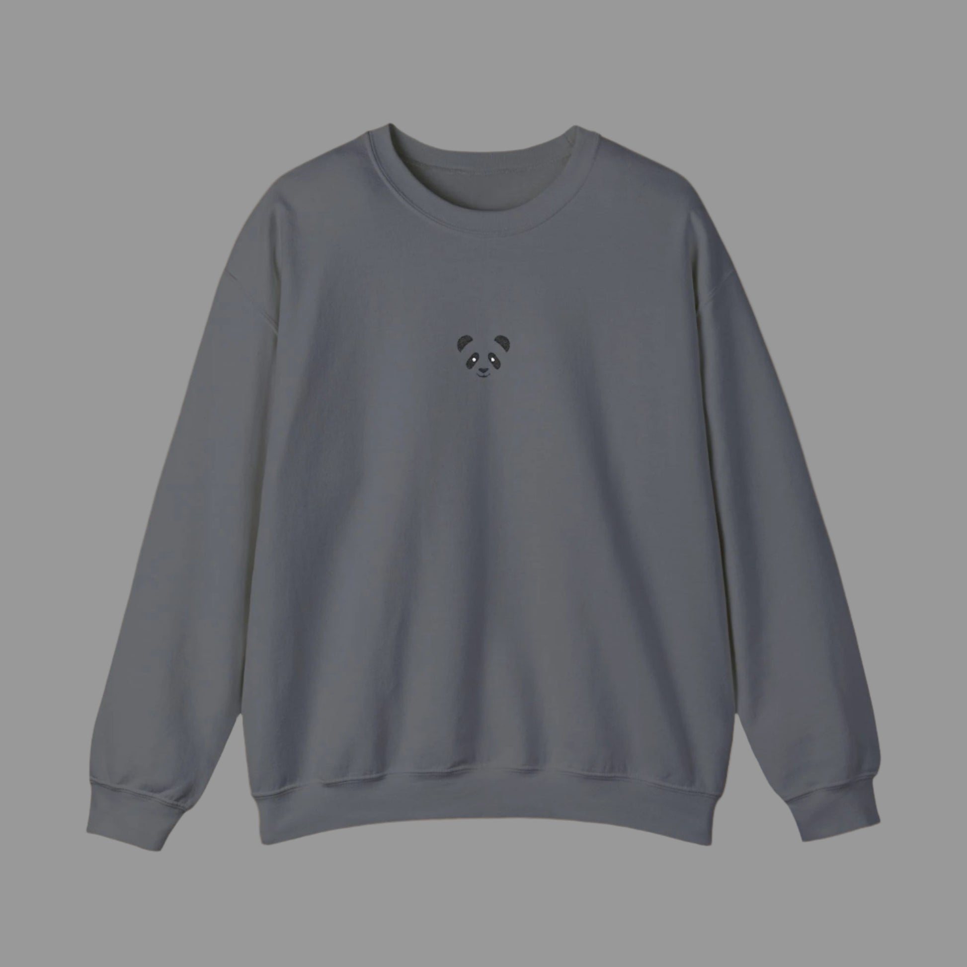 Gray sweatshirt with a small panda design on a white background