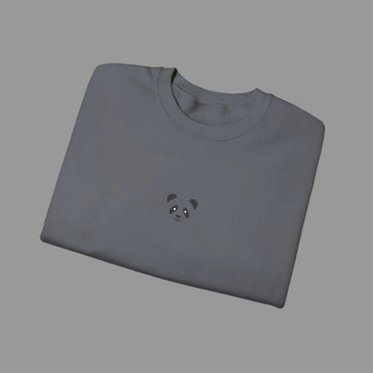 Folded gray sweatshirt with a panda design on a white background