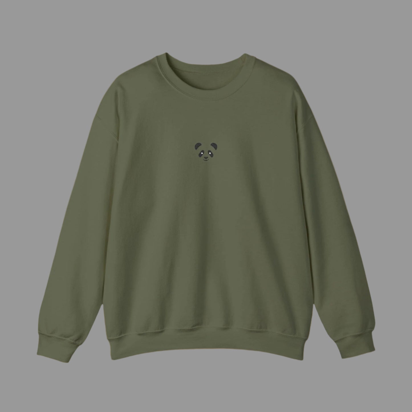 Green sweatshirt with a small panda design on a white background