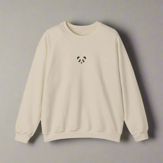 Beige sweatshirt with a small panda design on a white background