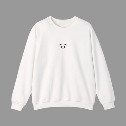 White sweatshirt with a small black panda design on a white background