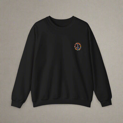 Black sweatshirt with a colorful peace symbol on the chest against a white background