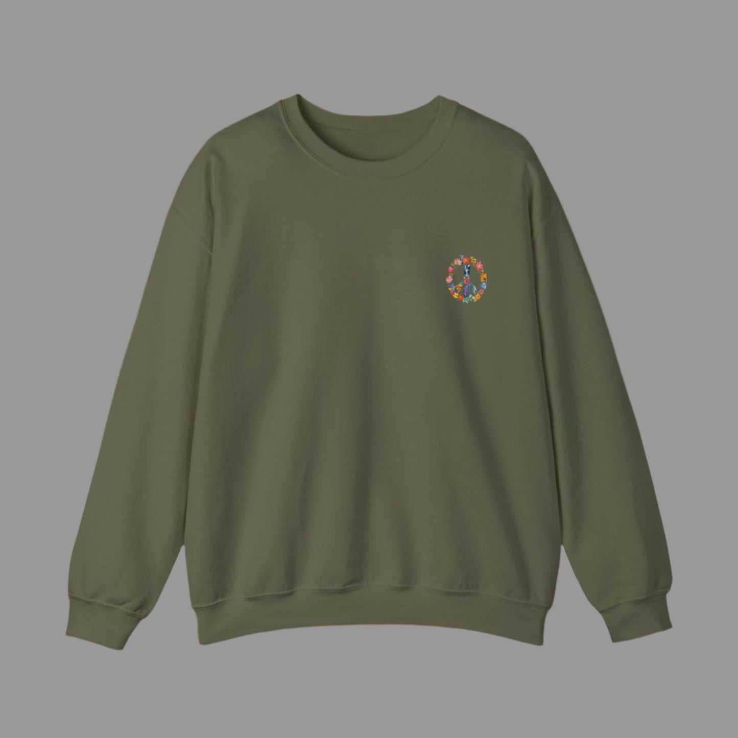 Green sweatshirt with a colorful logo on the chest against a white background