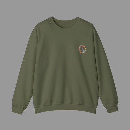 Green sweatshirt with a colorful logo on the chest against a white background
