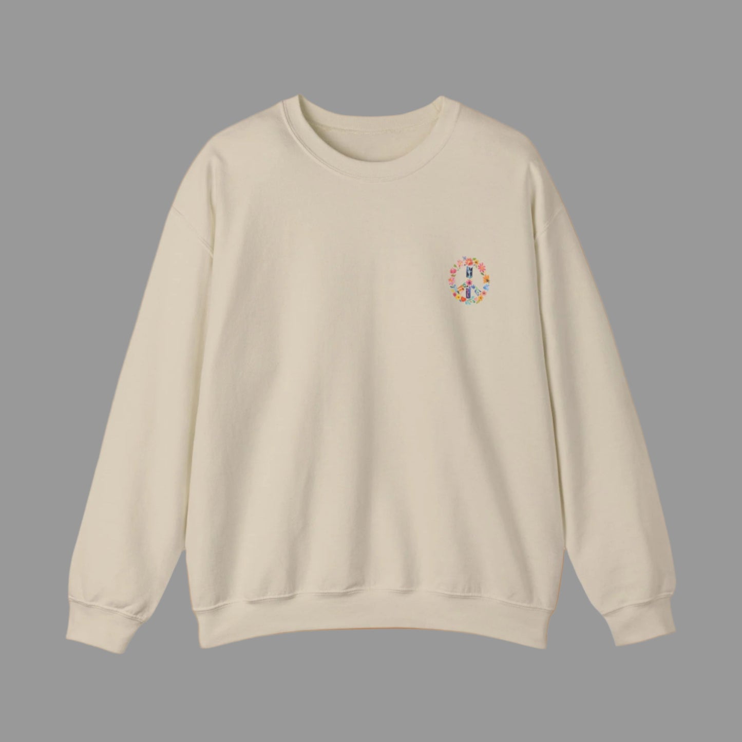 Beige sweatshirt with a colorful logo on a white background