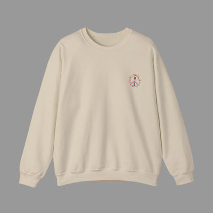 Beige sweatshirt with a colorful logo on a white background