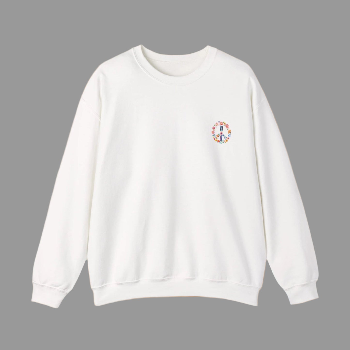 White sweatshirt with a colorful peace symbol design on a white background