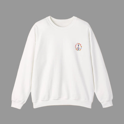 White sweatshirt with a colorful peace symbol design on a white background