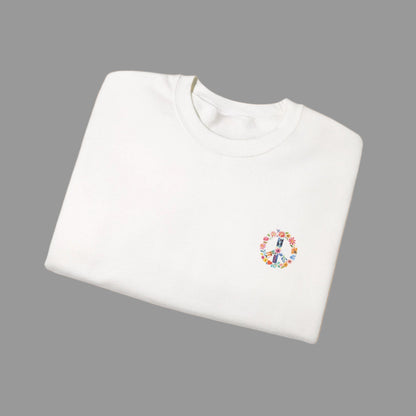 White sweatshirt with a colorful peace symbol design on a white background