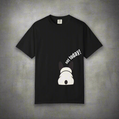 Black t-shirt with a dog graphic and 'not today!' text on a white background