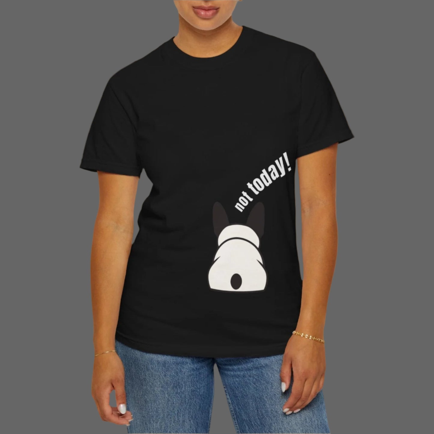 Person wearing a black t-shirt with a dog graphic and 'not today!' text on a white background