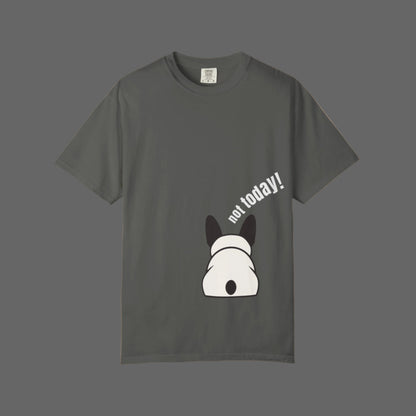 Gray t-shirt with a dog graphic and 'not today!' text on a white background
